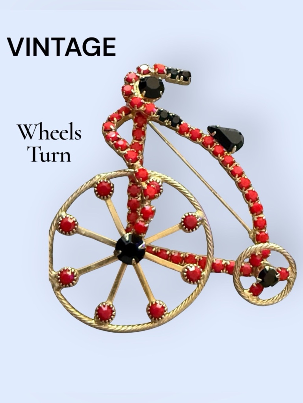 Vintage Red & Black Rhinestone Bicycle Brooch Gold Tone